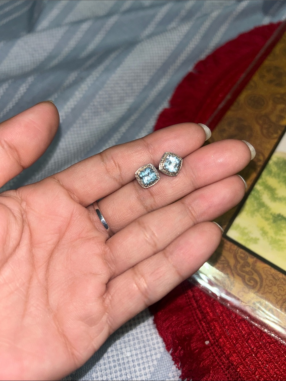 Sterling Silver Blue Topaz Cushion-Cut Ring and Stud Earrings Set Size 6 - Picture 3 of 3